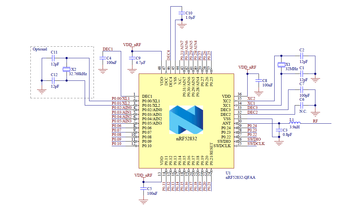 nRF52832射频电路参考32MHz+32.768KHz nRF52832射频电路参考32MHz+32.768KHz