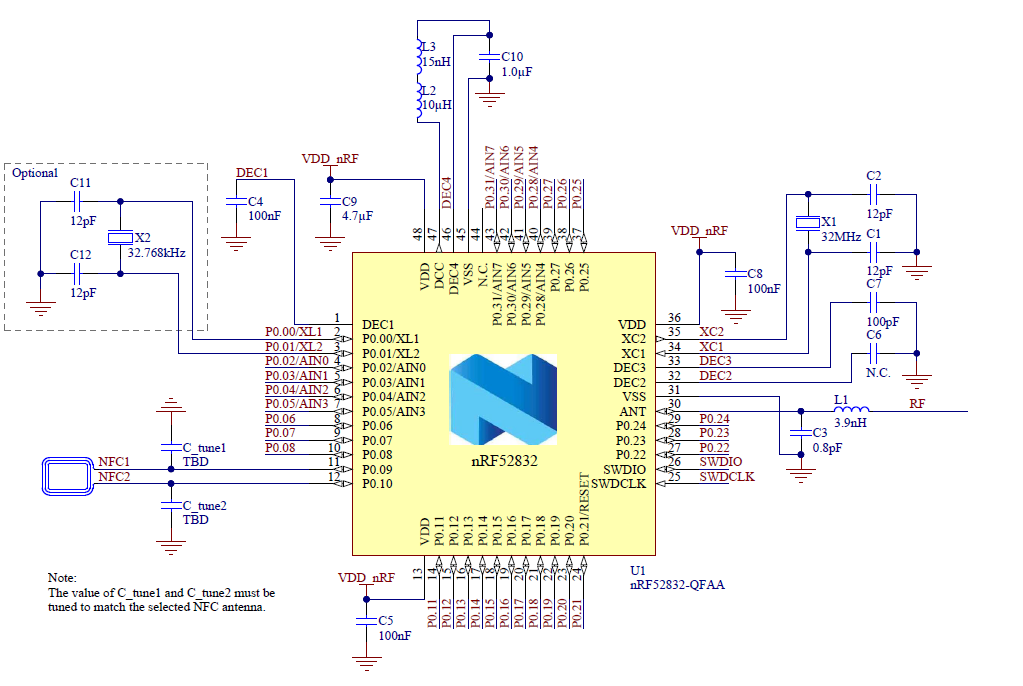 nRF52832射频电路参考32MHz+32.768KHz nRF52832射频电路参考32MHz+32.768KHz